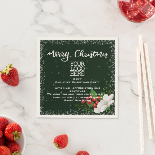 Dark Green Red Berries Snow White Christmas Napkins