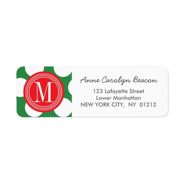 Dark Green & Red Big Polka Dots Monogrammed Label (Front)