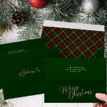 Dark green red tartan plaid Merry Christmas  Envelope<br><div class="desc">Elegant Merry Christmas gold script dark hunter green envelope with plaid tartan liner and personalized return address.</div>