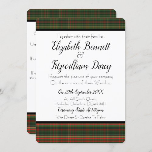 Dark Green  Red Tartan  Plaid Wedding Invitation