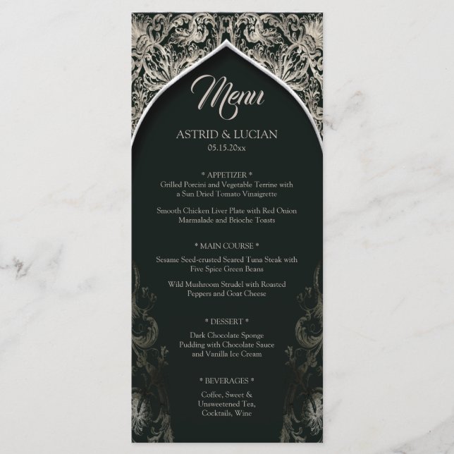 Dark Green Regal Silver Flourish Wedding Menu (Front)