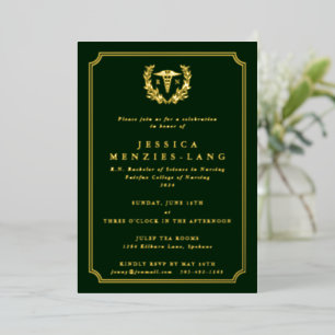 Dark Green Registered Nurse Caduceus+Laurel Wreath Foil Invitation