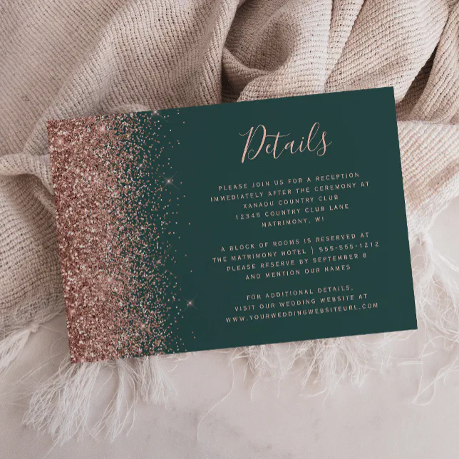 Dark Green Rose Gold Glitter Edge Wedding Details Enclosure Card | Zazzle
