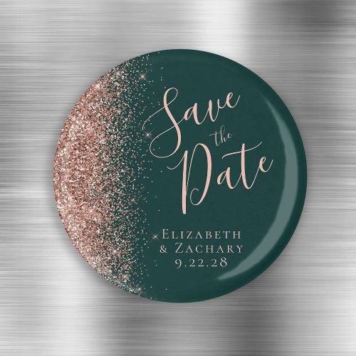 Dark Green Rose Gold Glitter Script Save the Date Magnet