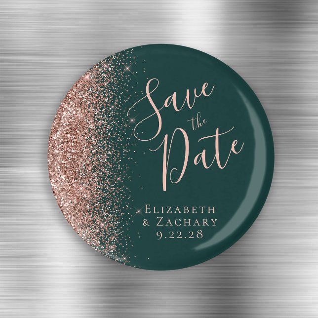 Dark Green Rose Gold Glitter Script Save the Date Magnet (Creator Uploaded)