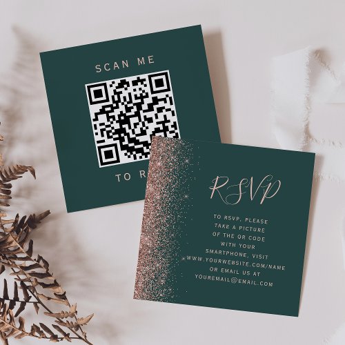 Dark Green Rose Gold Glitter Wedding QR Code RSVP Enclosure Card