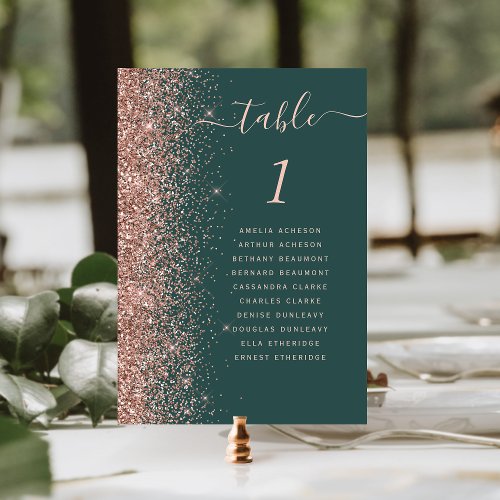Dark Green Rose Gold Glitter Wedding Table Number