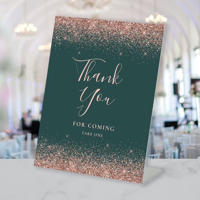 Dark Green Rose Gold Glitter Wedding Thank You Pedestal Sign (Creator Uploaded)
