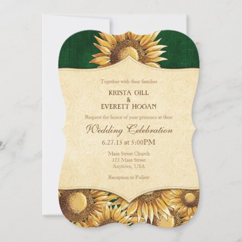 Dark Green Rustic Sunflower Wedding Invitation