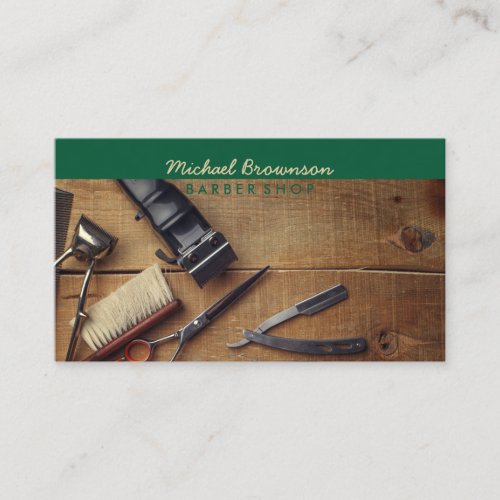 Dark Green Scissor Razor Barbershop Photo Business Card