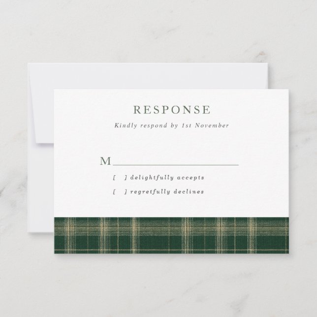 Dark Green Scottish Tartan Wedding RSVP Card (Front)