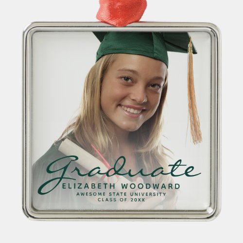 Dark Green Script Photo Graduation Keepsake Metal Ornament