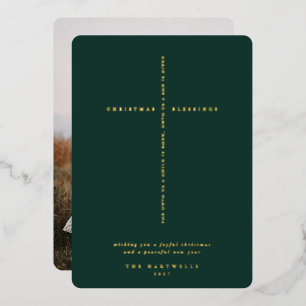 Dark Green Scripture Cross Photo Foil Holiday Card