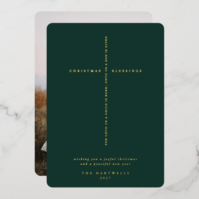 Dark Green Scripture Cross Photo Foil Holiday Card (Front/Back)