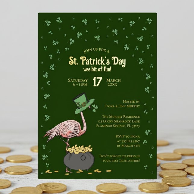 Dark Green Shamrock Flamingo St Patrick's Day Foil Invitation (Funny Irish Flamingo Dark Green Gold St Patrick's Day Party Invitations. Lucky Green Shamrock Clover)