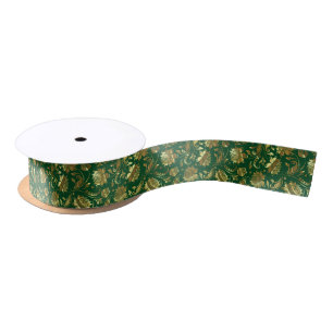 Dark-green & Shiny Gold Damask Pattern Satin Ribbon