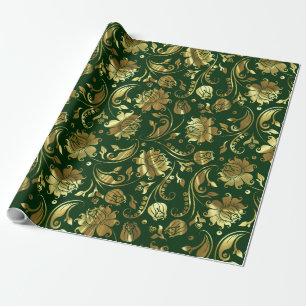 Dark Green & Shiny Gold Damask Pattern Wrapping Paper