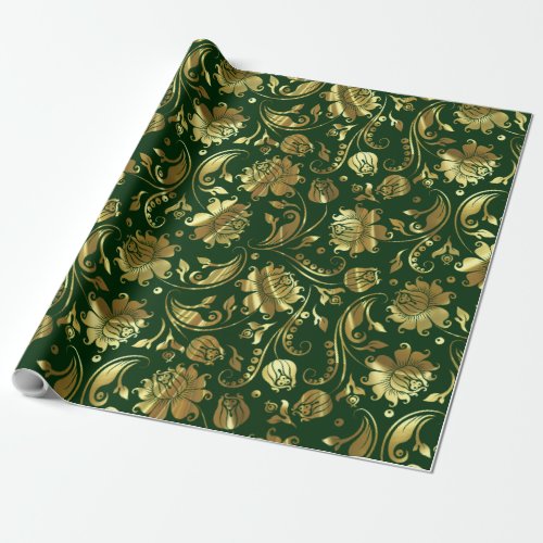 Dark Green  Shiny Gold Damask Pattern Wrapping Paper