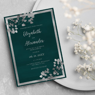 Dark green silver eucalyptus leaf elegant wedding invitation