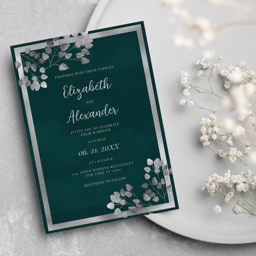Dark green silver eucalyptus leaf elegant wedding invitation