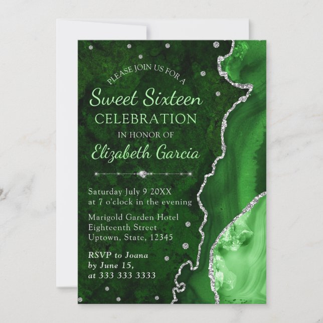 Dark Green & Silver Glitter Agate marble Sweet 16 Invitation (Front)