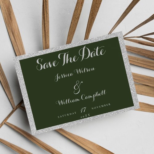 Dark green silver glitter borders elegant save the date