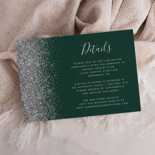 Dark Green Silver Glitter Edge Wedding Details Enclosure Card