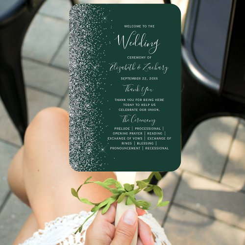 Dark Green Silver Glitter Edge Wedding Program Hand Fan