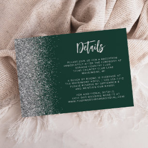 Dark Green Silver Glitter Script Wedding Details Enclosure Card