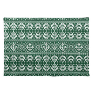 Dark Green Snowflake & Floral Fair Isle Christmas Cloth Placemat