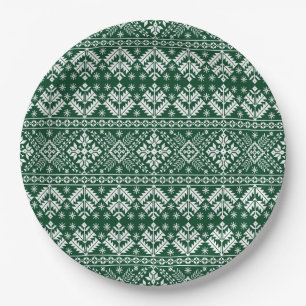 Dark Green Snowflake & Floral Fair Isle Christmas Paper Plates