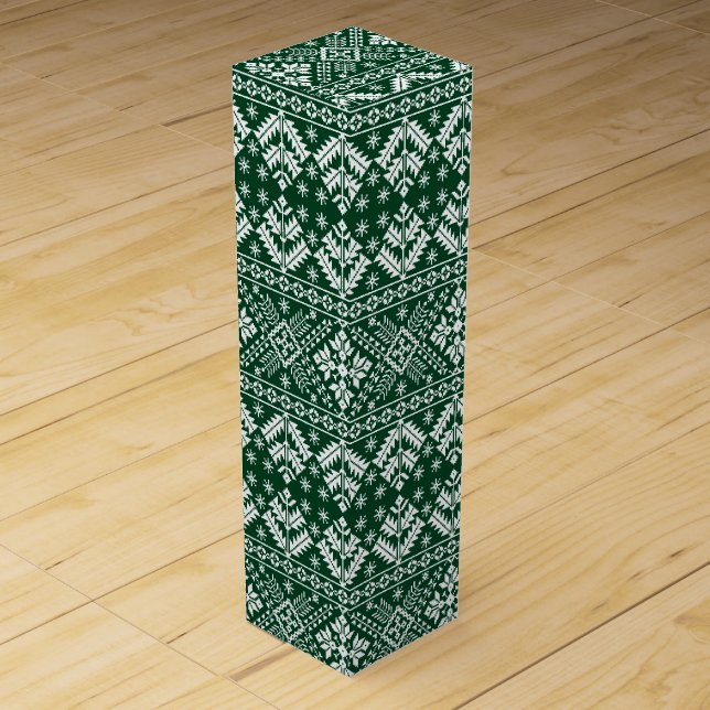 Dark Green Snowflake & Floral Fair Isle Christmas Wine Box (Front)