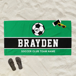Dark Green Soccer Player Custom Name Beach Towel