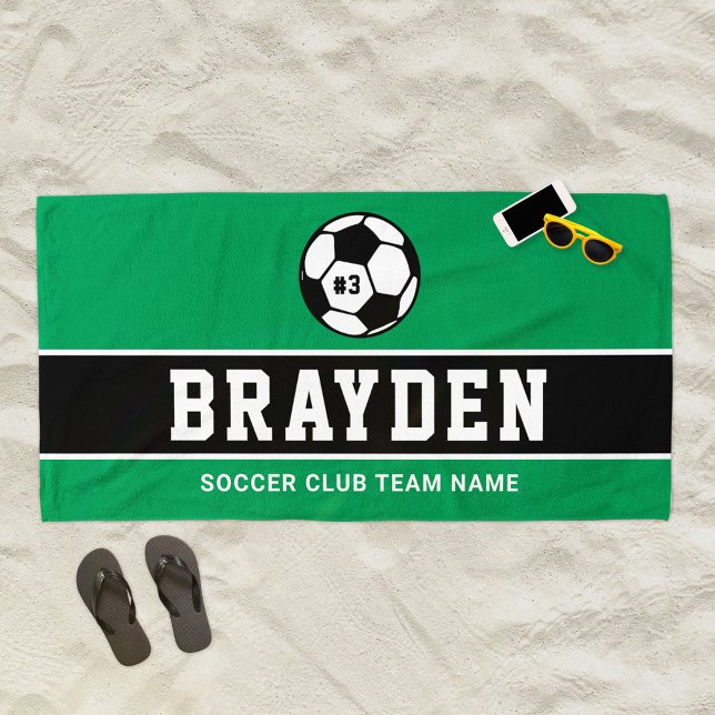 Dark Green Soccer Player Custom Name Beach Towel (Creator Uploaded)