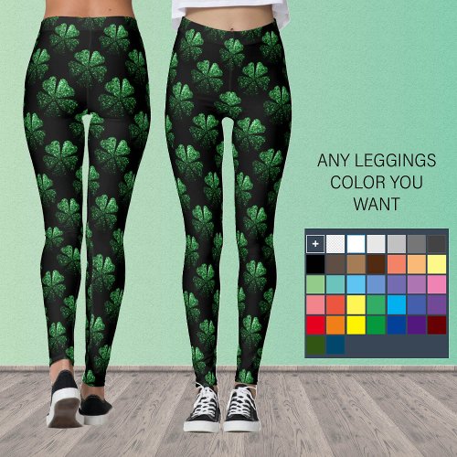 Dark Green sparkle Shamrock Clover pattern black Leggings