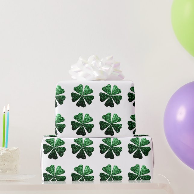 Dark Green sparkle Shamrock Clover pattern White  Wrapping Paper (Party Gifts)