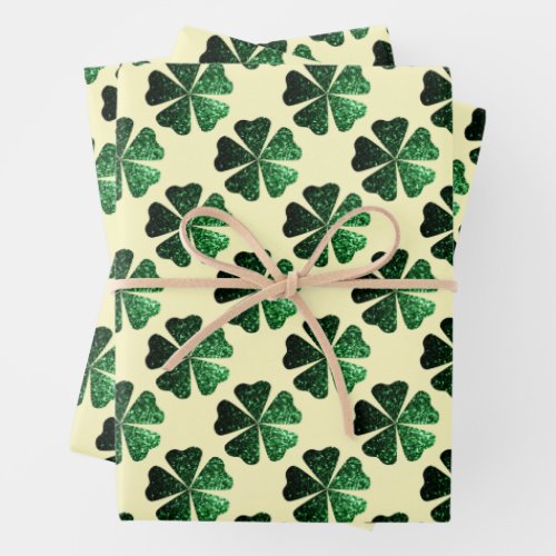 Dark Green sparkly Shamrock pattern light yellow Wrapping Paper Sheets