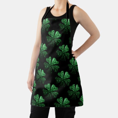 Dark Green sparkly Shamrock pattern on black Apron