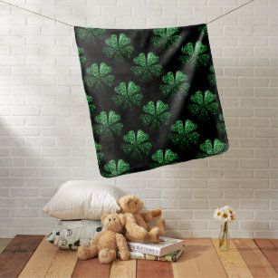 Dark Green sparkly Shamrock pattern on black Baby Blanket