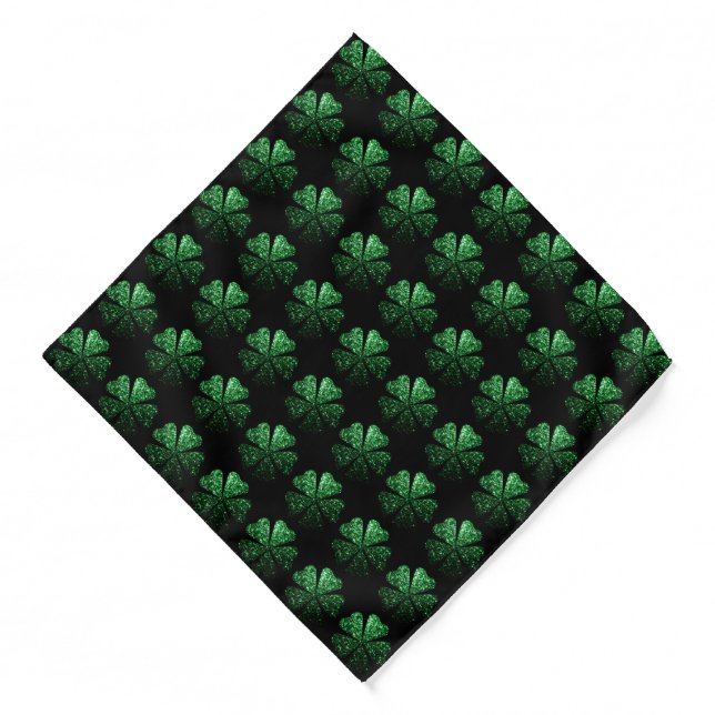Dark Green sparkly Shamrock pattern on black Bandana (Front)