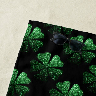 Dark Green sparkly Shamrock pattern on black Beach Towel
