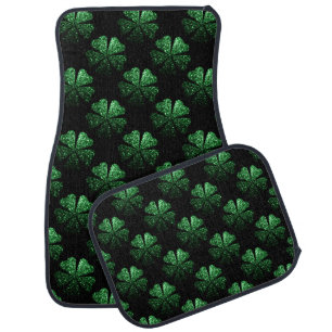 Dark Green sparkly Shamrock pattern on black Car Floor Mat