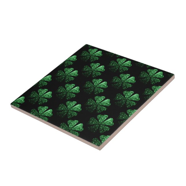Dark Green sparkly Shamrock pattern on black Ceramic Tile (Side)