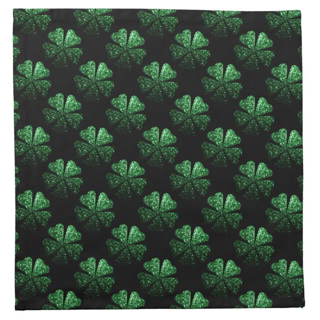 Dark Green sparkly Shamrock pattern on black Cloth Napkin (Front)