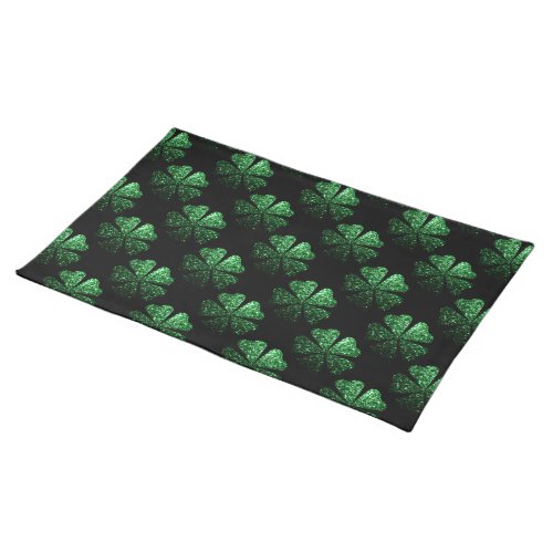 Dark Green sparkly Shamrock pattern on black Cloth Placemat