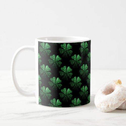 Dark Green sparkly Shamrock pattern on black Coffee Mug