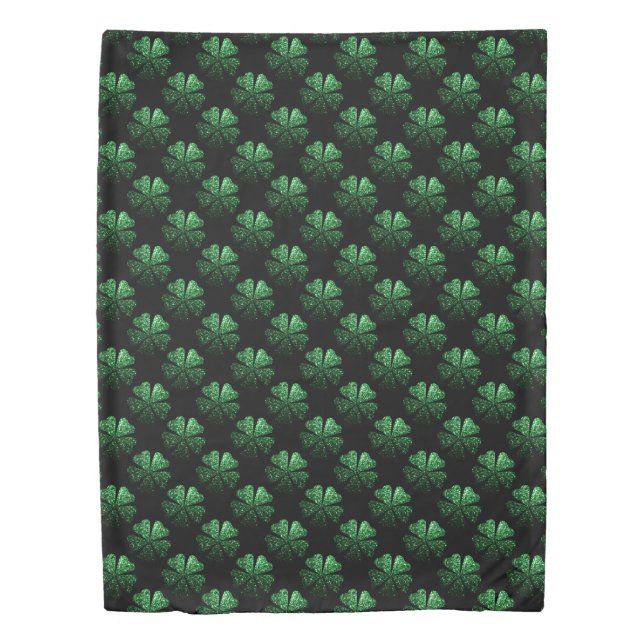 Dark Green sparkly Shamrock pattern on black Duvet Cover (Front)