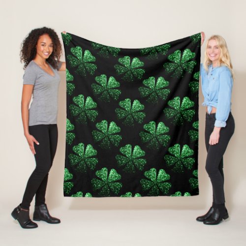 Dark Green sparkly Shamrock pattern on black Fleece Blanket