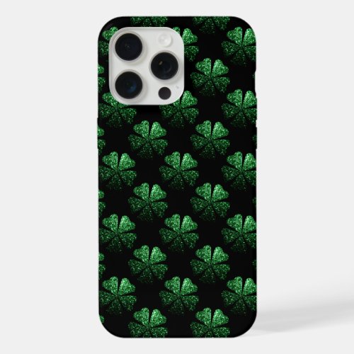 Dark Green sparkly Shamrock pattern on black iPhone 15 Pro Max Case