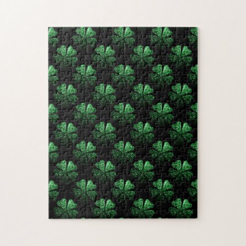 Dark Green sparkly Shamrock pattern on black Jigsaw Puzzle